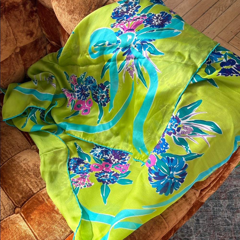 RARE VINTAGE Yves Saint Laurent Lime Green FLORAL SILK Scarf - made in Italy
